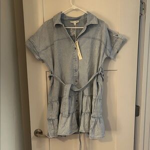 She + Sky Light Blue Denim Button-Up Shirt Dress
